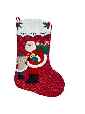 Vintage Christmas Stocking With Santa Child Puffy Applique 3D Holiday 15.5 Inch